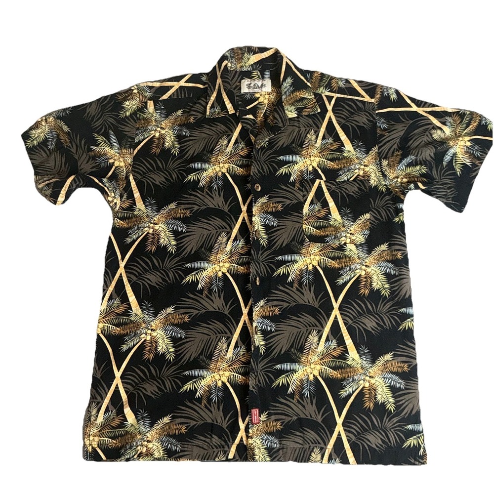 Vintage Bungalow Joe Men Hawaiian Aloha Tropical Shirt L Brown Gold Coconut Palm